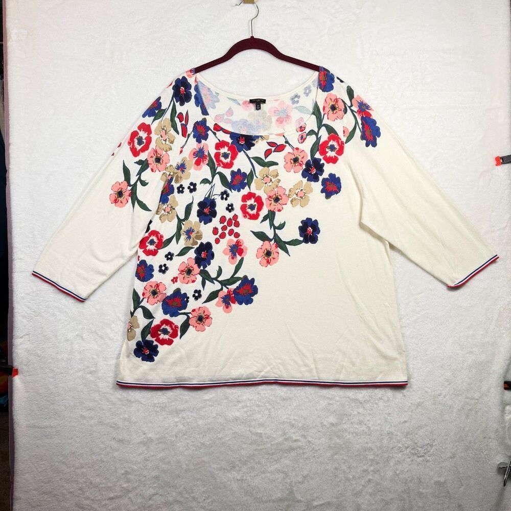 Talbots 3X Cream Floral Knit Top 3/4 Sleeve Cotton Rayon Red Blue Trim Plus Size